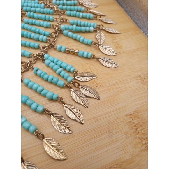 Festoon Bib Style Aqua Glass Colored Beads, Feather Charm Necklace - Picture 4 of 4